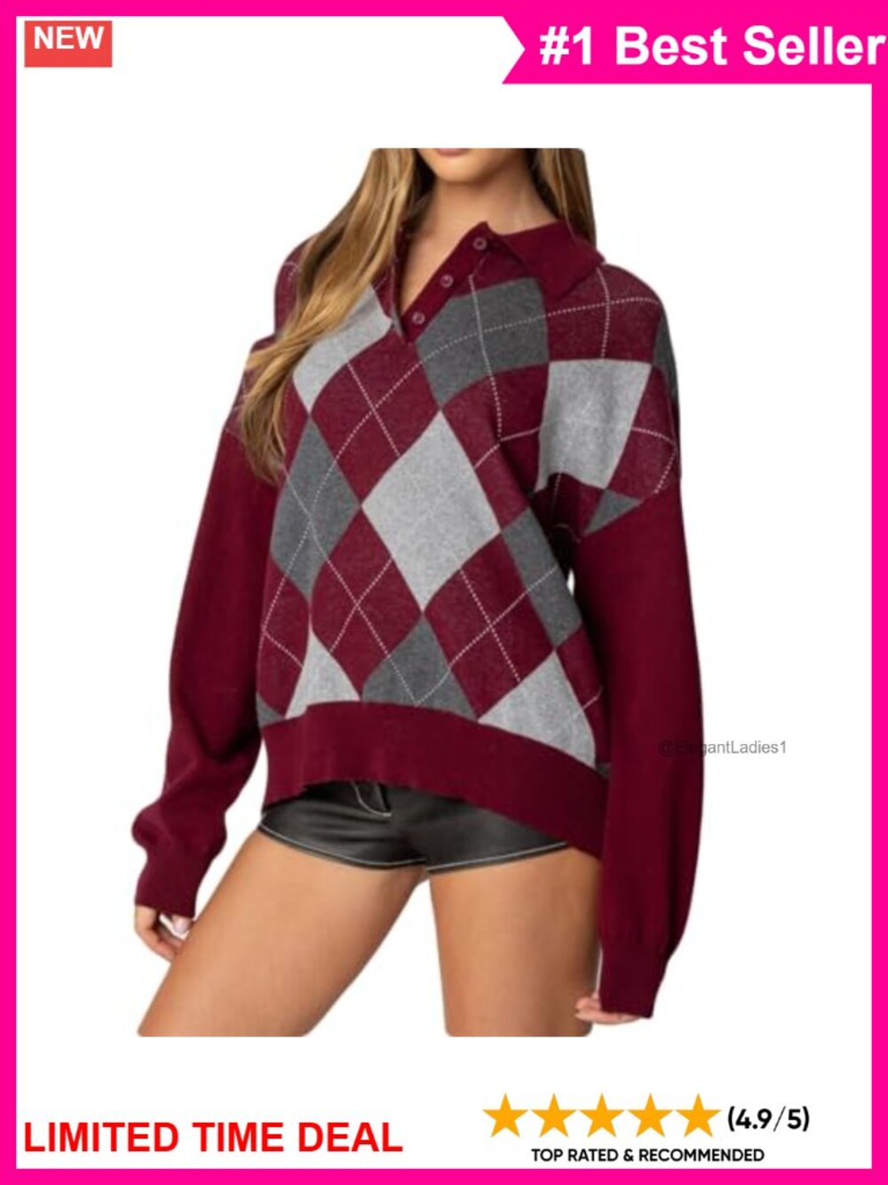 Women Y2k Argyle Plaid Sweater Vintage Preppy Knitted Pullover